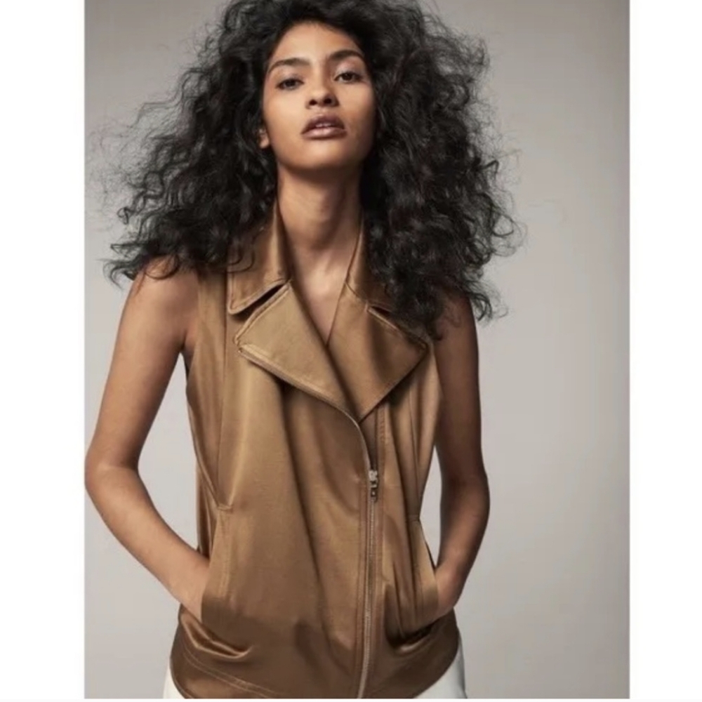 MASSIMO DUTTI Bronze Sateen Asymettrical Moto Zip Vest, Size XS